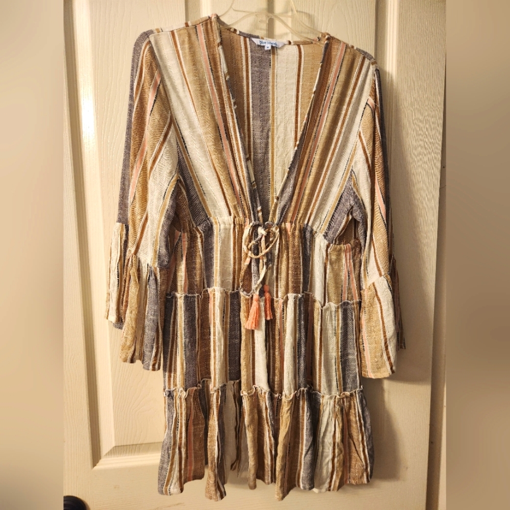 blue island Striped Boho Swim Coverup in Tan, Cream & Blue
